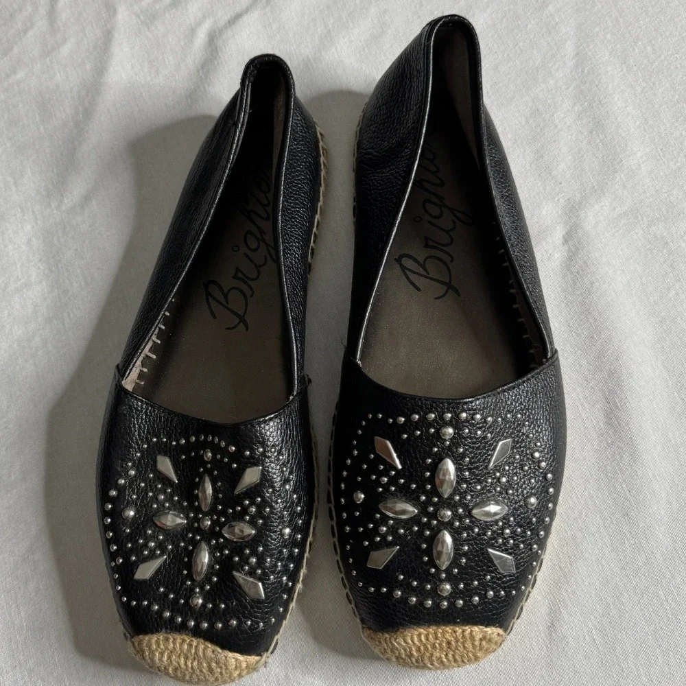 Brighton Jett Black Leather Studded Espadrille Flats Shoes Womens 10 Silver Stud